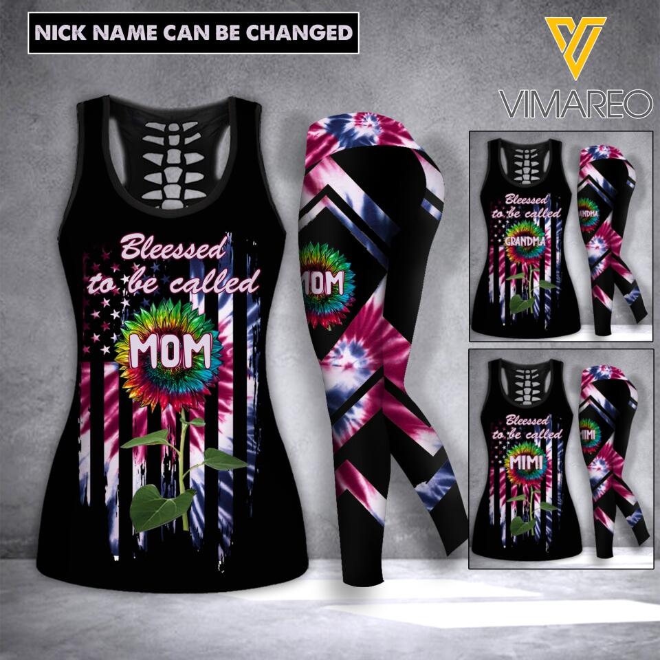 PERSONALIZED BLESSED TO BE CALLED GRANDMA TIE DYE SUNFLOWER HOLLOW-UP TANK + LEGGING QTHC1404