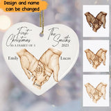 Personalized First Christmas As A Family Of 3 Childbirth Heart Ceramic Ornament Printed HTHVQ23746