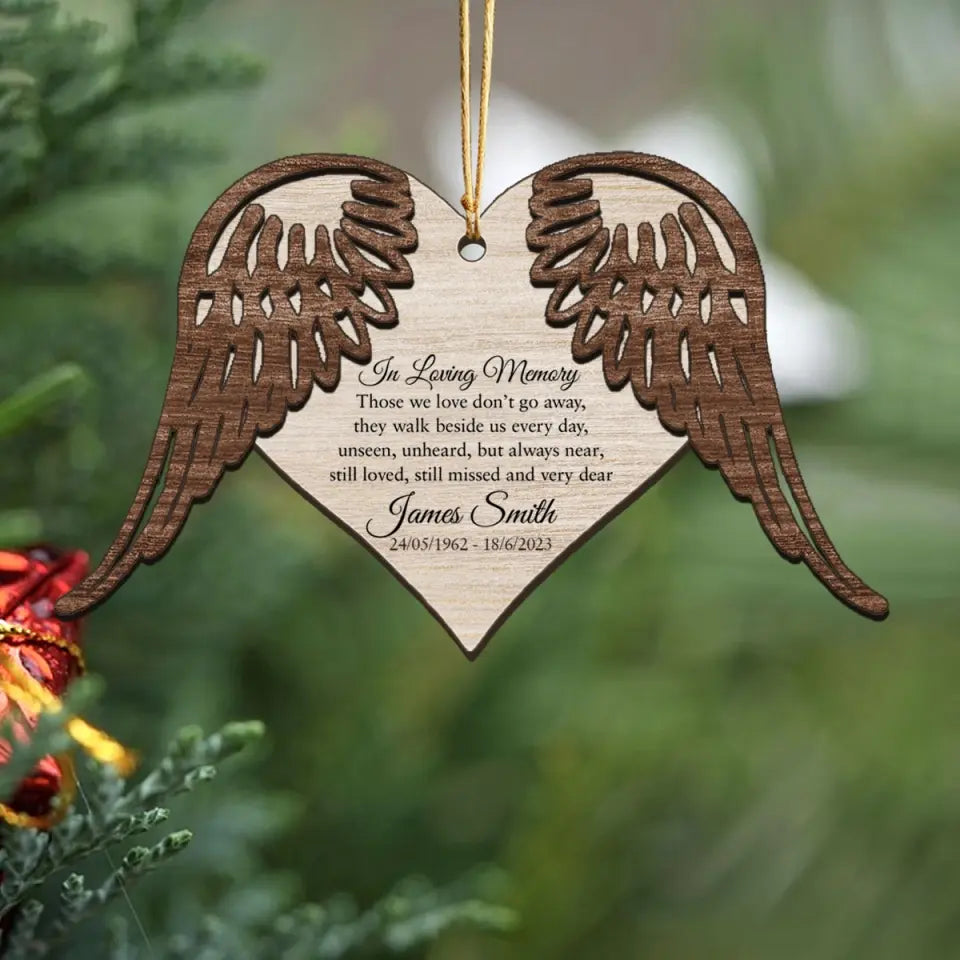 Personalized In Loving Memory Heart Wings Memorial Gift Wooden Ornament 2 Layer Printed QTVQ23757