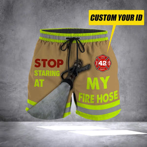 Personalized Stop Staring At My Fire Hose Firefighter Gift Custom ID Beach Short Pants Printed LVA24205