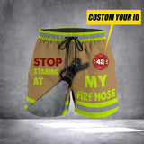 Personalized Stop Staring At My Fire Hose Firefighter Gift Custom ID Beach Short Pants Printed LVA24205