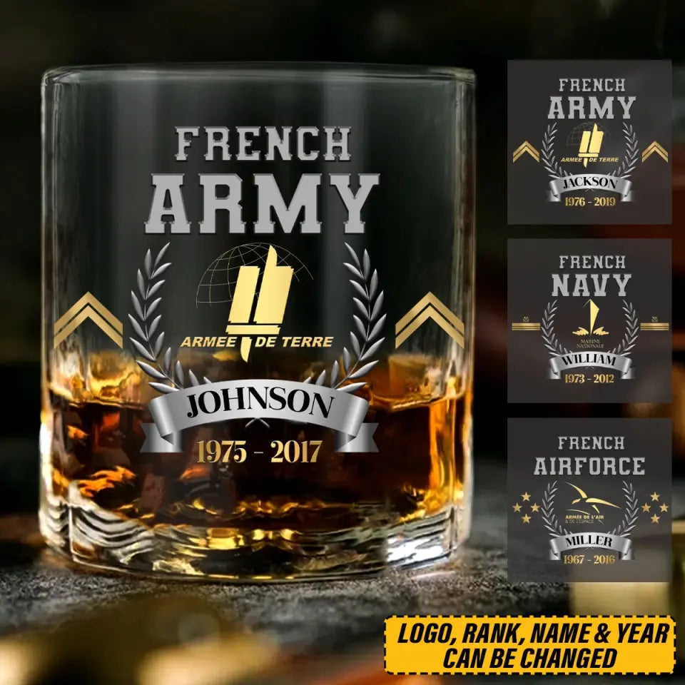 Personalized French Army Rank Camo Custom Name & Served Time Whiskey Glass Printed AHVQ24411