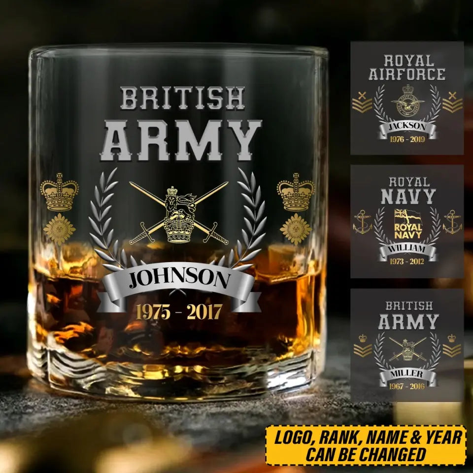 Personalized UK Army Rank Camo Custom Name & Served Time Whiskey Glass Printed AHVQ24411