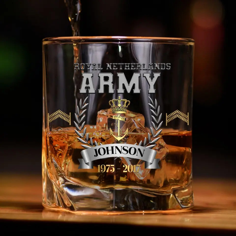 Personalized Royal Netherlands Army Rank Camo Custom Name & Time Whiskey Glass Printed AHVQ24438