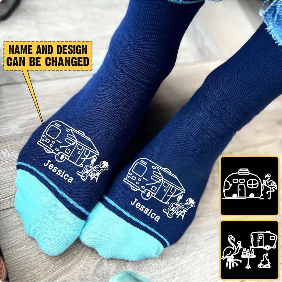 Personalized Camping Girl & Flamingo Custom Name 3D Socks Printed LVA24482
