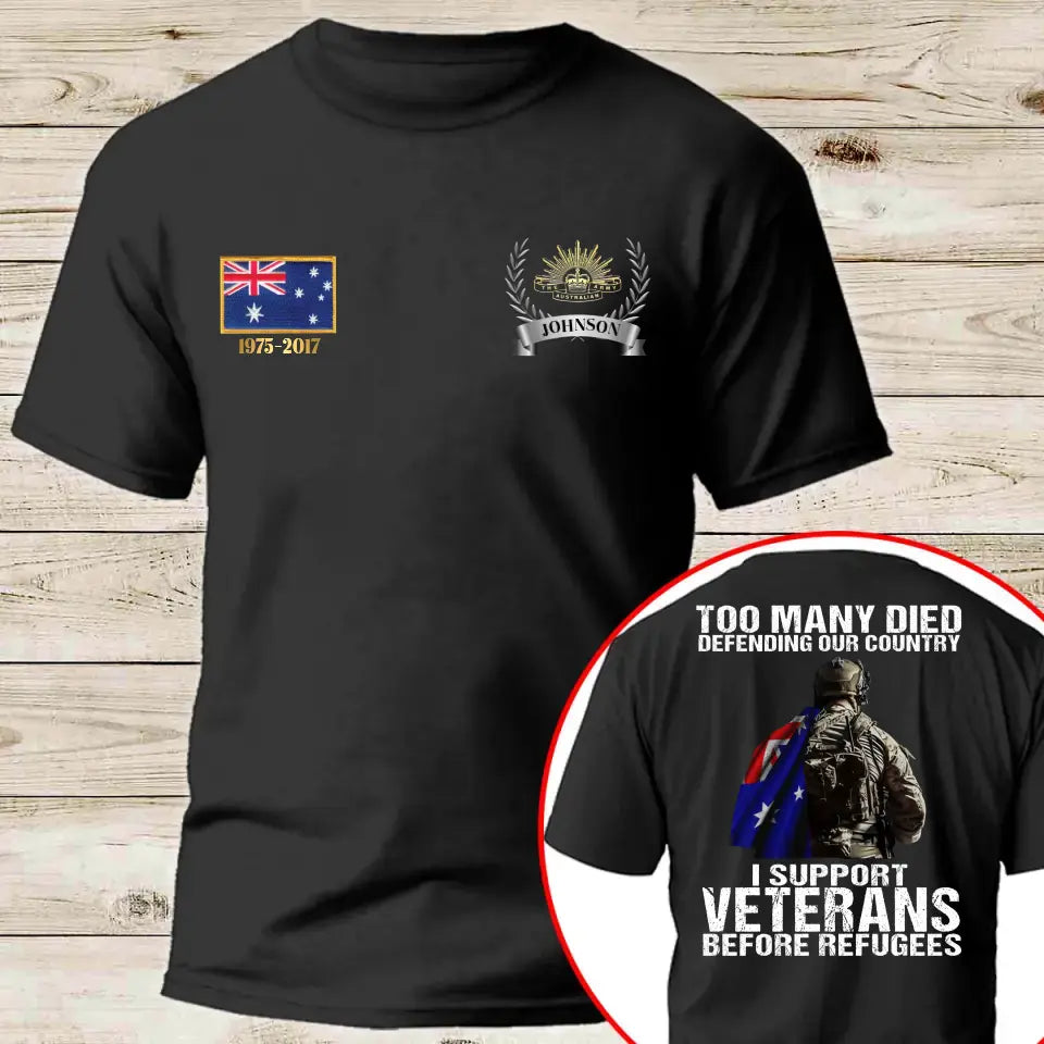 Personalized Australian Veteran Too Many Died Defending Our Country I Support Veterans Before Refugees T-shirt Printed AHKH24525