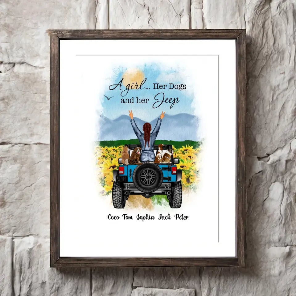 Personalized Jeep Girl A Girl Her Dogs & Her Jeep Dog Lovers Gift Frame Poster Printed LVA24541