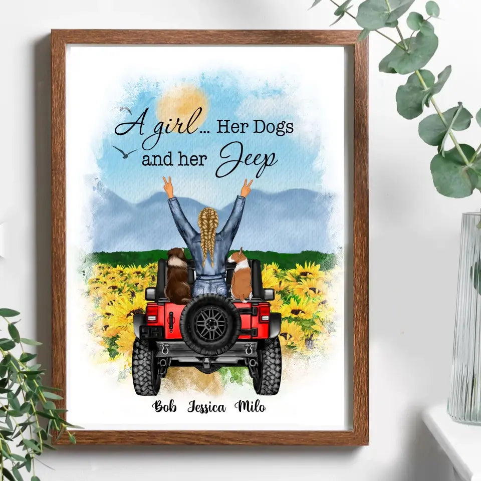 Personalized Jeep Girl A Girl Her Dogs & Her Jeep Dog Lovers Gift Frame Poster Printed LVA24541