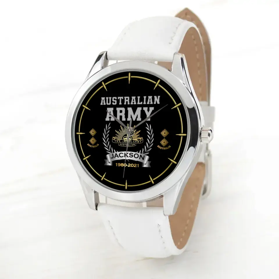 Personalized Australian Army Logo Rank Camo Custom Name & Time Woman Watch Leather Band Printed AHKVH24587