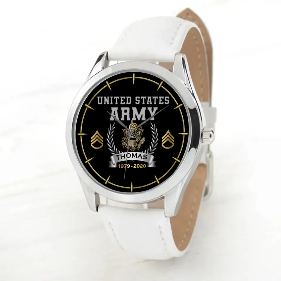 Personalized United States Army Logo Rank Camo Custom Name & Time Woman Watch Leather Band Printed AHKVH24587