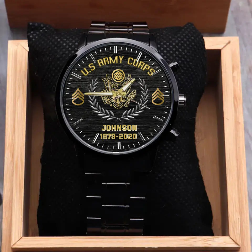 Personalized US Army Corps Rank Camo Custom Name & Served Time Watch Printed AHVQ24551