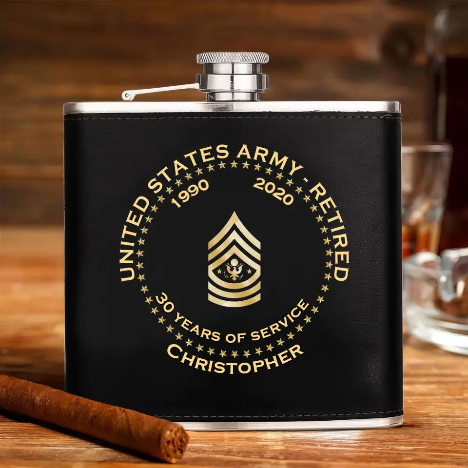 Personalized US Army Retired Custom Rank Served Time & Name Leather Flask Printed AHKH24765