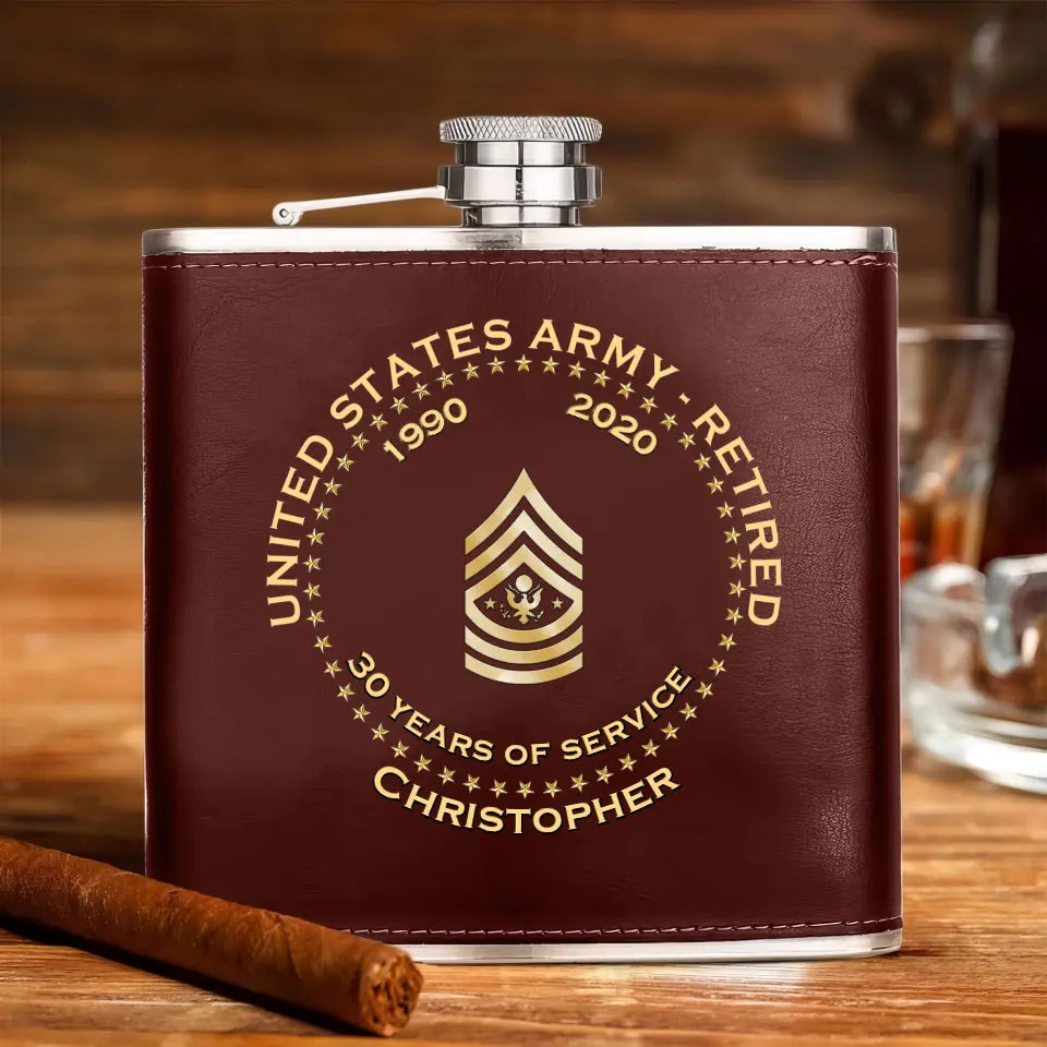 Personalized US Army Retired Custom Rank Served Time & Name Leather Flask Printed AHKH24765
