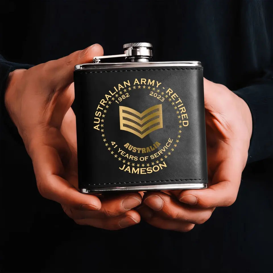 Personalized Australian Army Veteran Retired Custom Rank Served Time & Name Leather Flask Printed AHKH24765