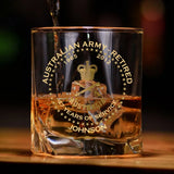 Personalized Australian Army Veteran Retired Rank Camo Custom Name & Time Whiskey Glass Printed AHVQ24770