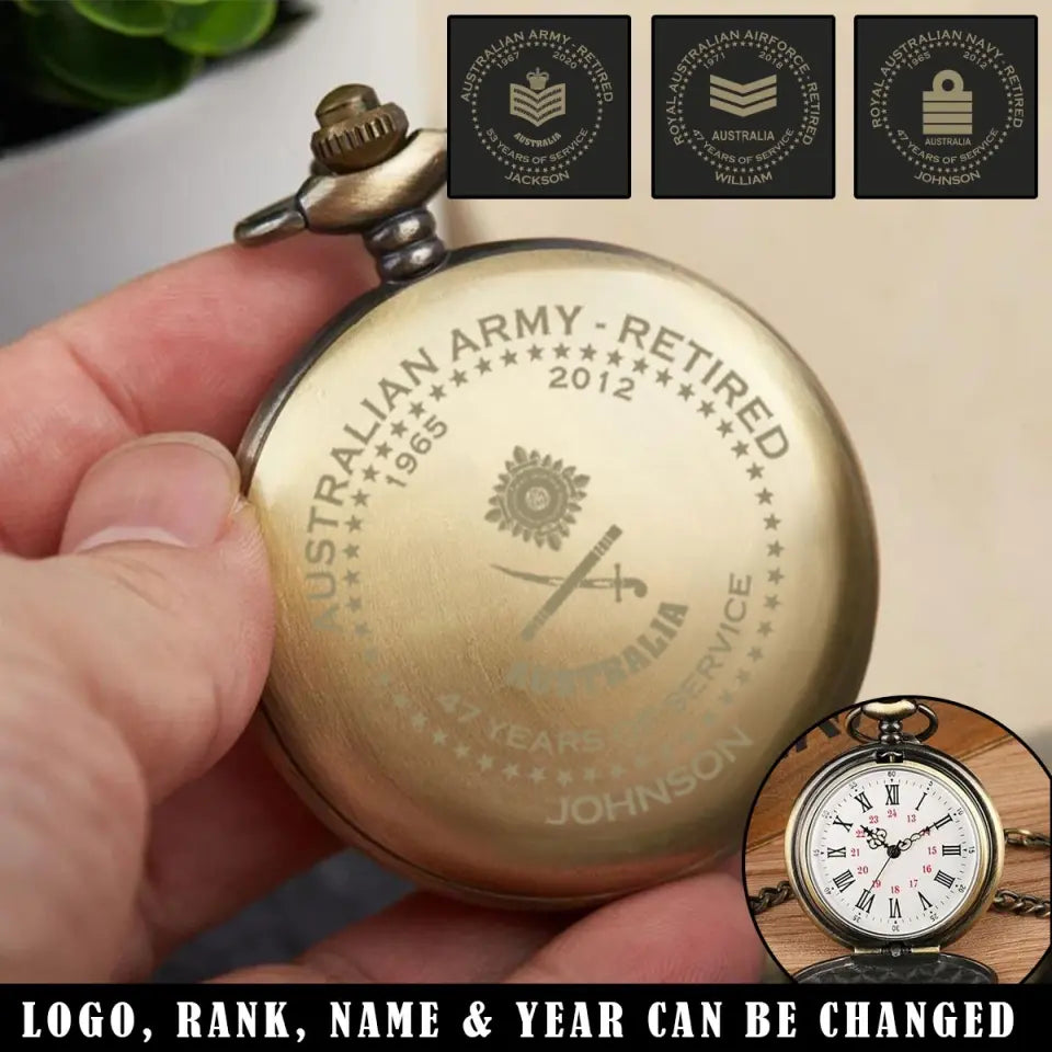 Personalized Australian Army Retired Custom Rank Camo & Served Time Pocket Watch Printed AHVQ24808