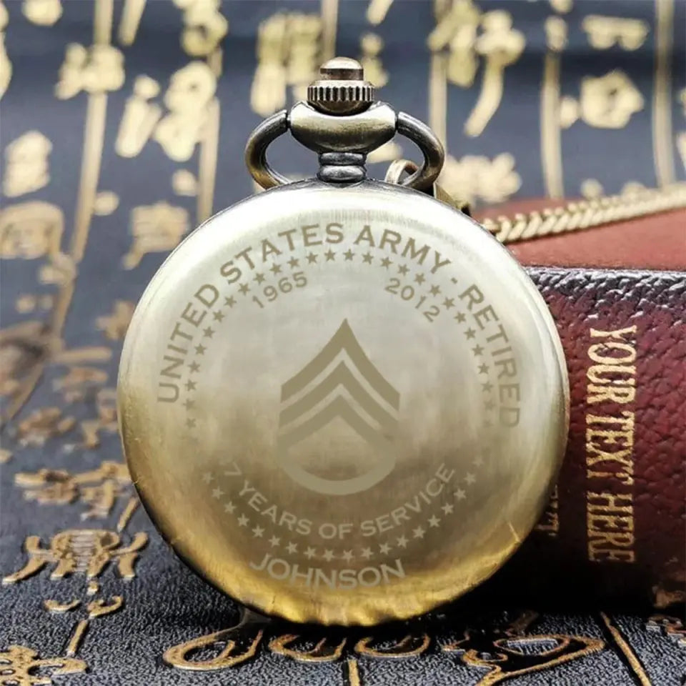 Personalized US Army Retired Custom Rank Camo & Served Time Pocket Watch Printed AHVQ24808
