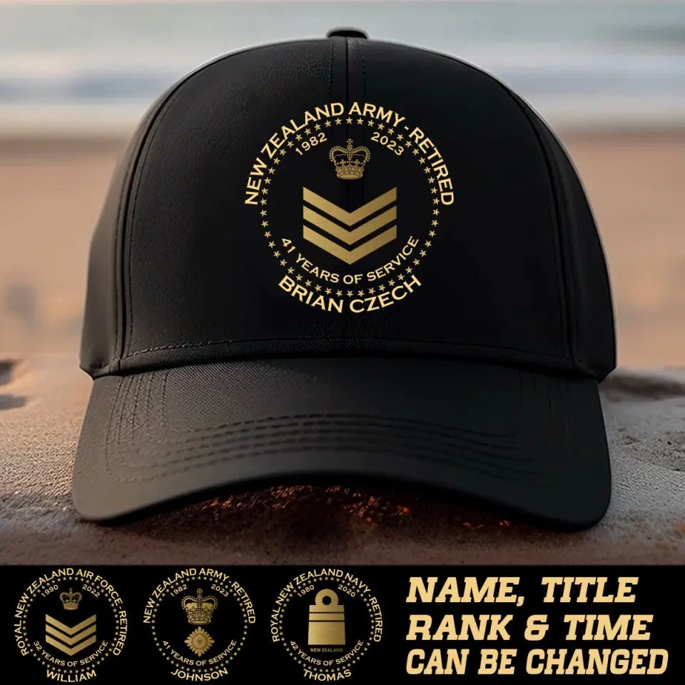 Personalized New Zealand Army Retired Custom Rank & Time Black Cap Printed AHVA24902