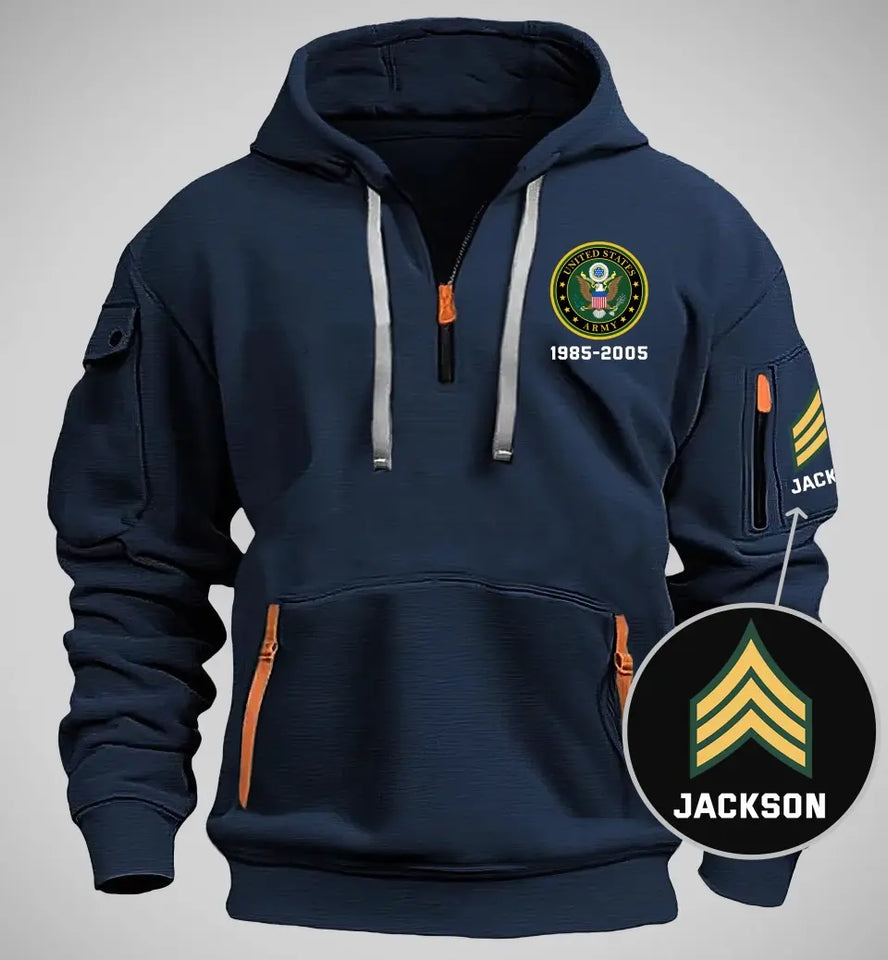 Personalized US Army Logo Custom Rank & Time Quarter Zip Hoodie 2D Printed QTKH24991