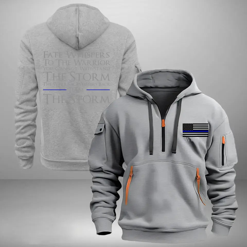 Personalized US Police Custom Name Fate Whispers To The Warrior you Cannot Withstand The Storm The Warrior Whispers Back I Am The Storm Quarter Zip Hoodie 2D Printed HN241004