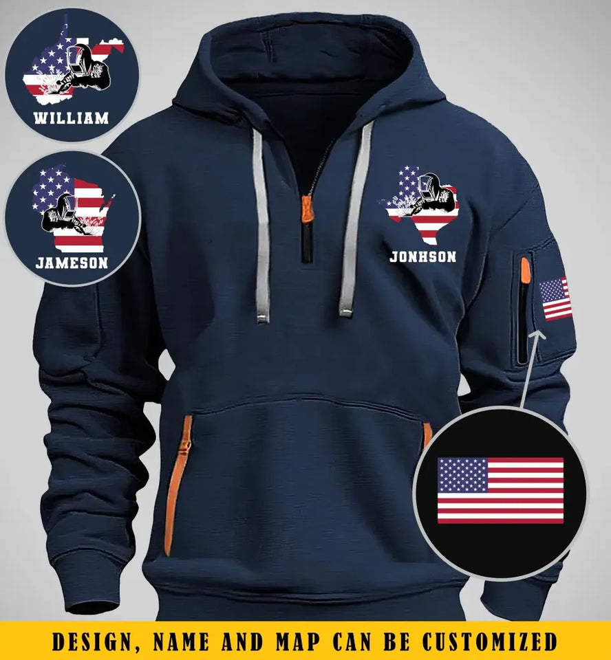Personalized US State Map Welder Custom Name Quarter Zip Hoodie 2D Printed KVH241029