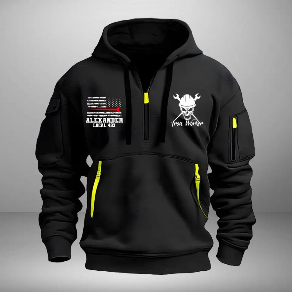 Personalized Iron Worker US Flag Custom Name Quarter Zip Hoodie 2D Printed QTKVH241036