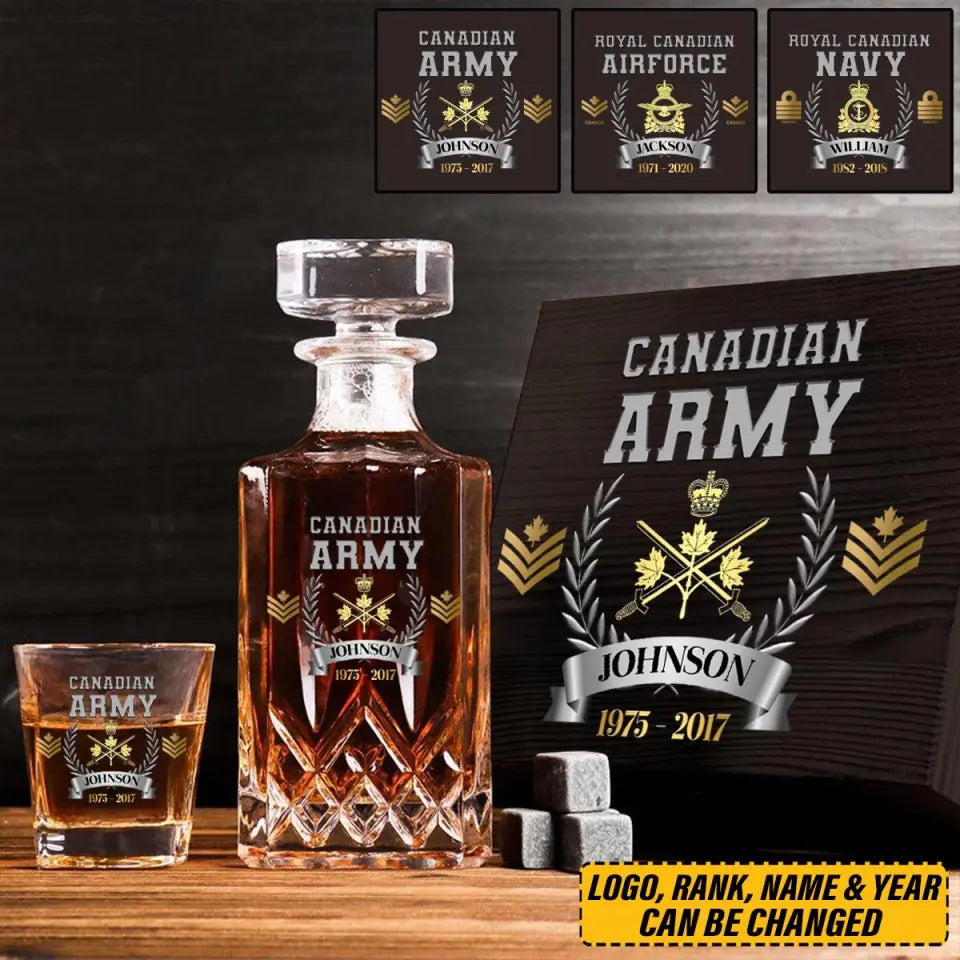 Personalized Canadian Army Rank Gold Custom Name & Time Decanter Set with Glasses Printed AHVQ241109