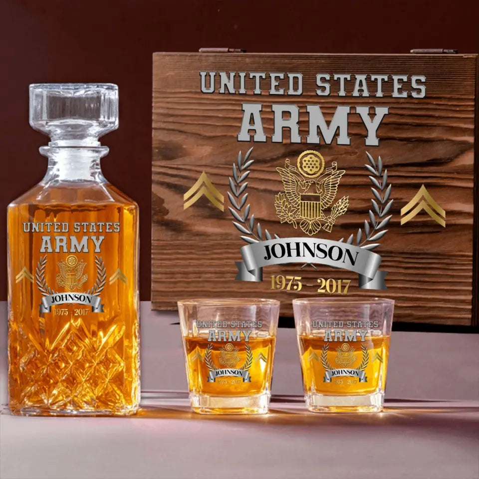 Personalized US Army Veteran Rank Gold Custom Name & Time Decanter Set with Glasses Printed AHVQ241109