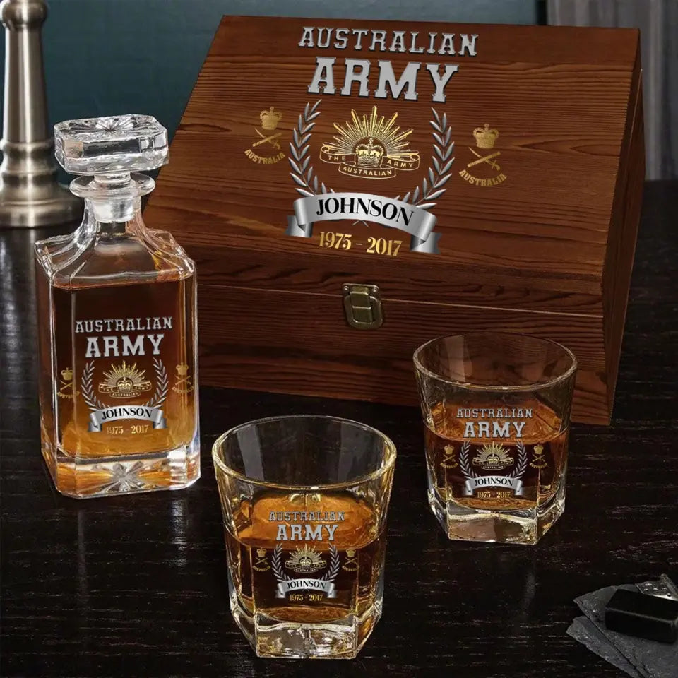Personalized Australian Army Veteran Rank Gold Custom Name & Time Decanter Set with Glasses Printed AHVQ241109