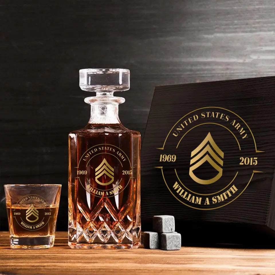 Personalized US Army Logo Rank Gold Custom Time Decanter Set with Glasses Printed AHVQ241135