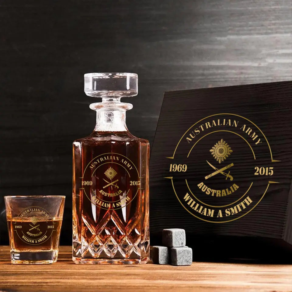 Personalized Australian Army Logo Rank Gold Custom Time Decanter Set with Glasses Printed AHVQ241135