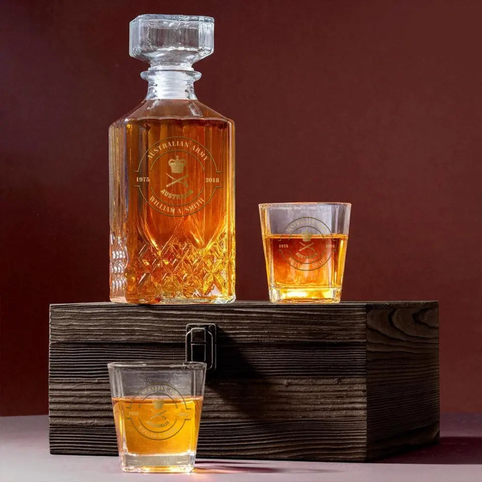 Personalized Australian Army Logo Rank Gold Custom Time Decanter Set with Glasses Printed AHVQ241135