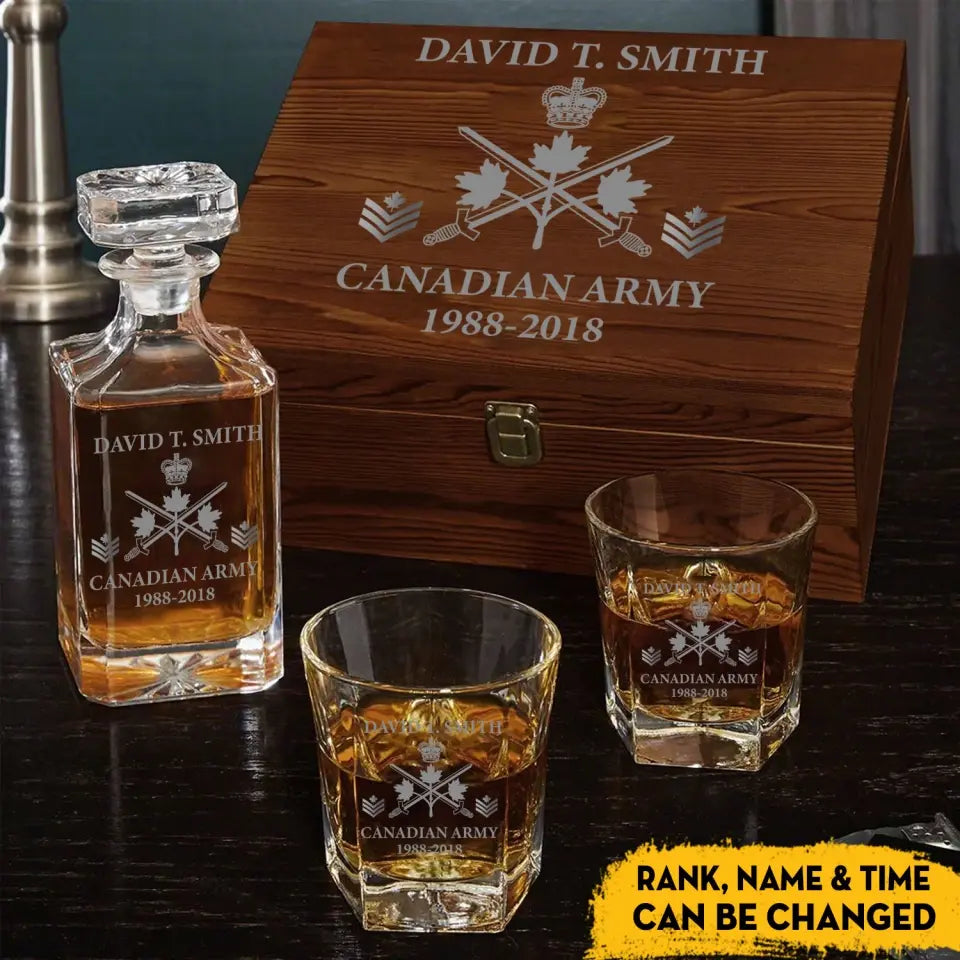 Personalized Canadian Army Logo Custom Rank, Name & Service Time Decanter Set with Glasses Printed KVH241168