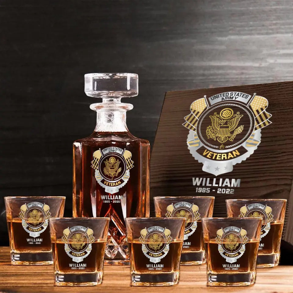 Personalized US Veteran US Branch Logo Custom Name & Time Decanter Set with Glasses Printed AHVQ241192