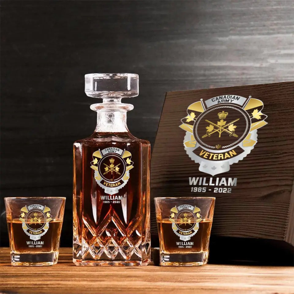 Personalized Canadian Veteran Branch Logo Custom Name & Time Decanter Set with Glasses Printed AHVQ241192