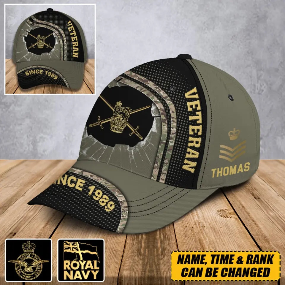 Personalized UK Veteran Logo Custom Rank Gold & Name Cap 3D Printed AHVA241252