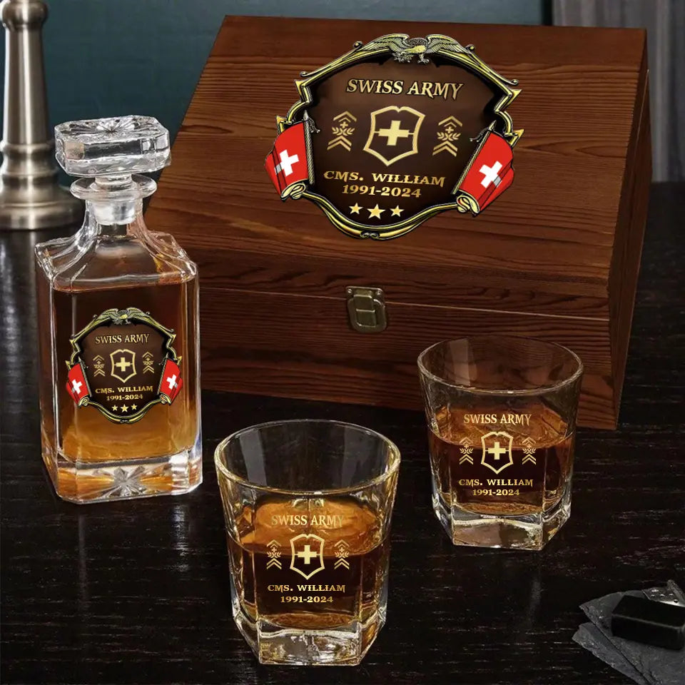 Personalized Swiss Veteran Branch Logo Rank Gold Custom Name & Time Decanter Set with Glasses printed AHVA241425