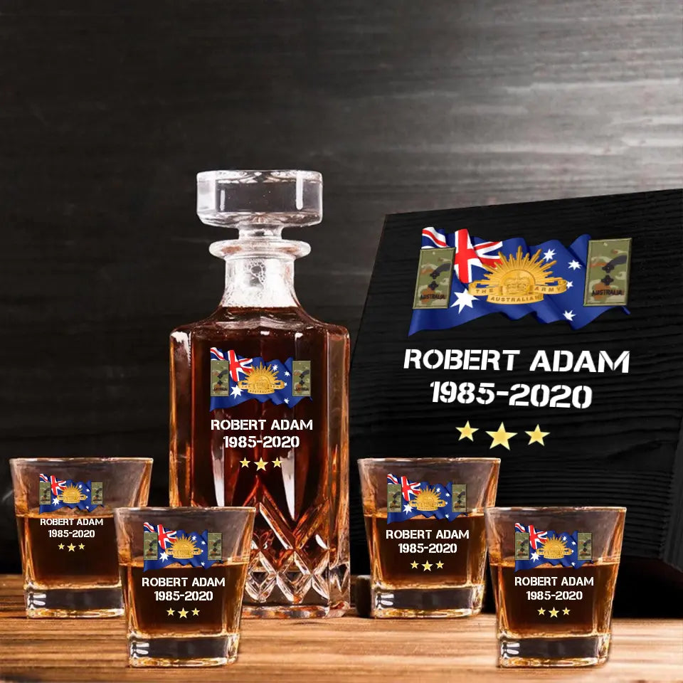Personalized Australian Veteran Rank Camo Custom Name & Time Decanter Set with Glasses printed AHVA241459