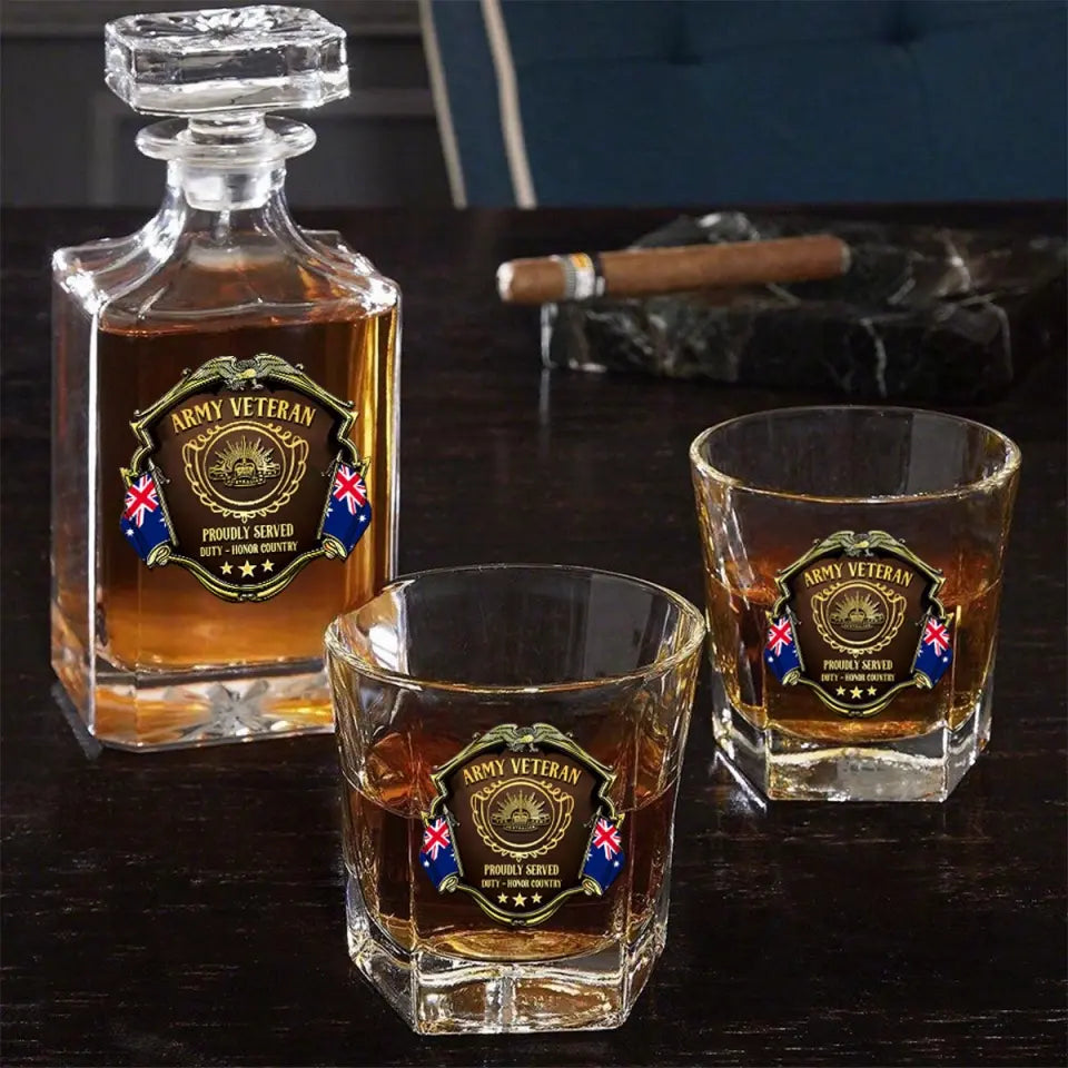 Personalized Australian Veteran Logo Proudly Served Duty Honor Country Decanter Set with Glasses Printed AHVQ241455