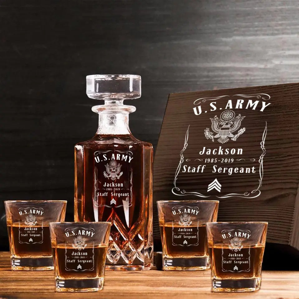 Personalized US Army Logo Custom Name & Time Decanter Set With Glasses Printed KVH241464