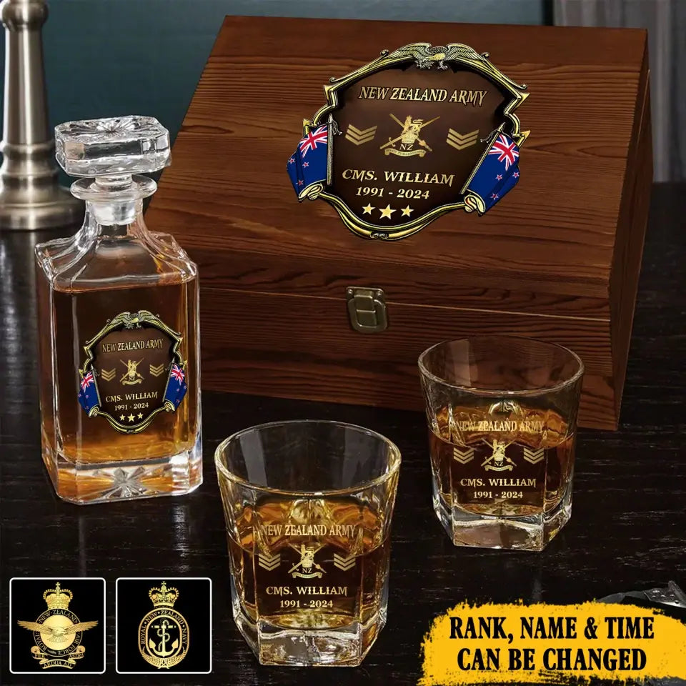 Personalized New Zealand Army Logo Rank Gold Custom Name & Time Decanter Set With Glasses Printed AHVA241480