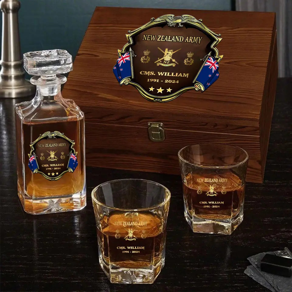 Personalized New Zealand Army Logo Rank Gold Custom Name & Time Decanter Set With Glasses Printed AHVA241480
