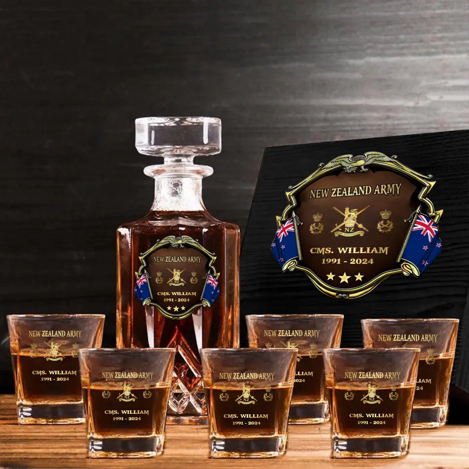 Personalized New Zealand Army Logo Rank Gold Custom Name & Time Decanter Set With Glasses Printed AHVA241480