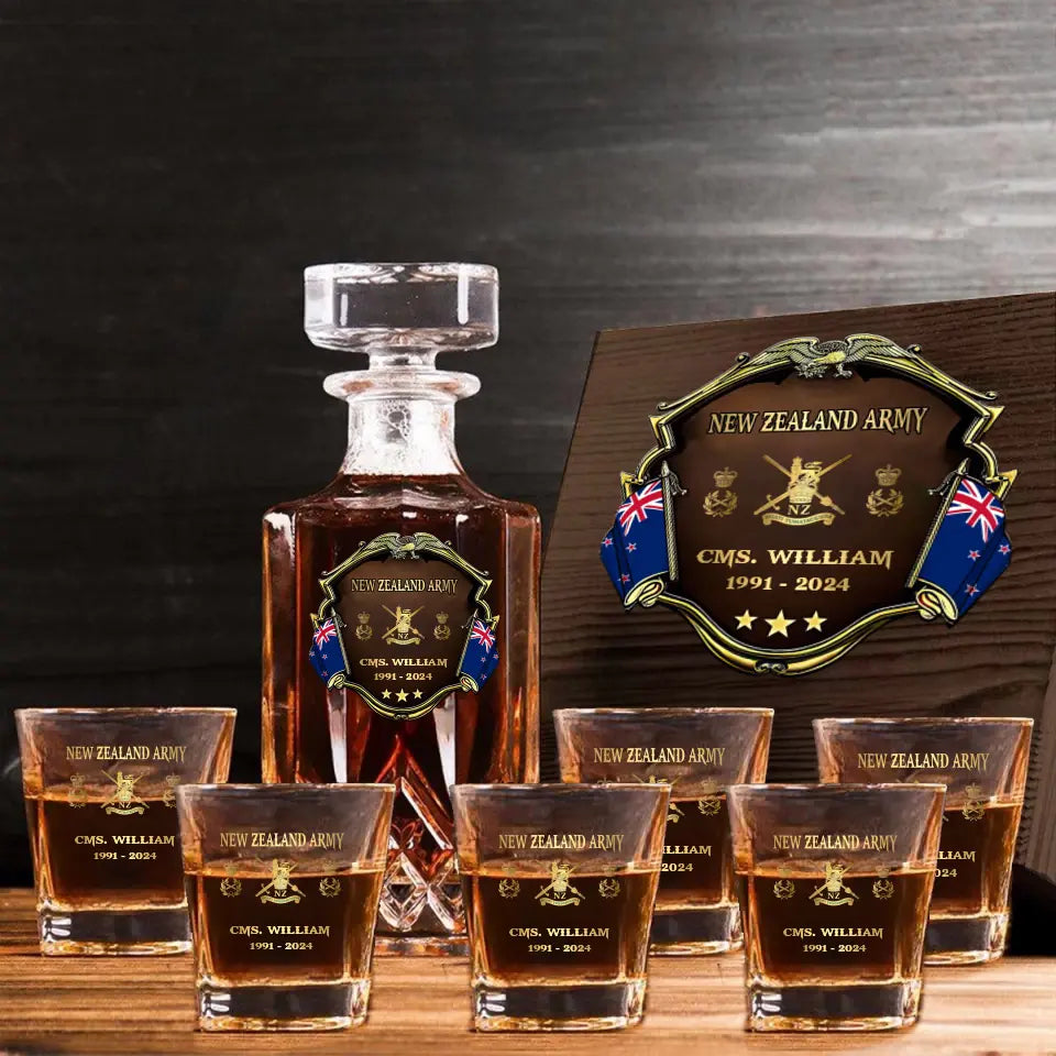 Personalized New Zealand Army Logo Rank Gold Custom Name & Time Decanter Set With Glasses Printed AHVA241480