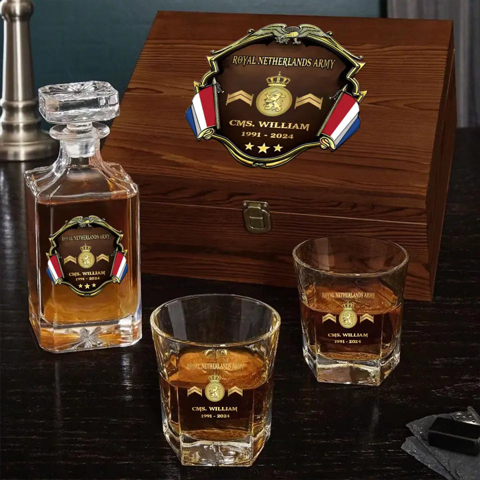 Personalized Netherlands Army Logo Rank Gold Custom Name & Time Decanter Set With Glasses Printed AHVA241480