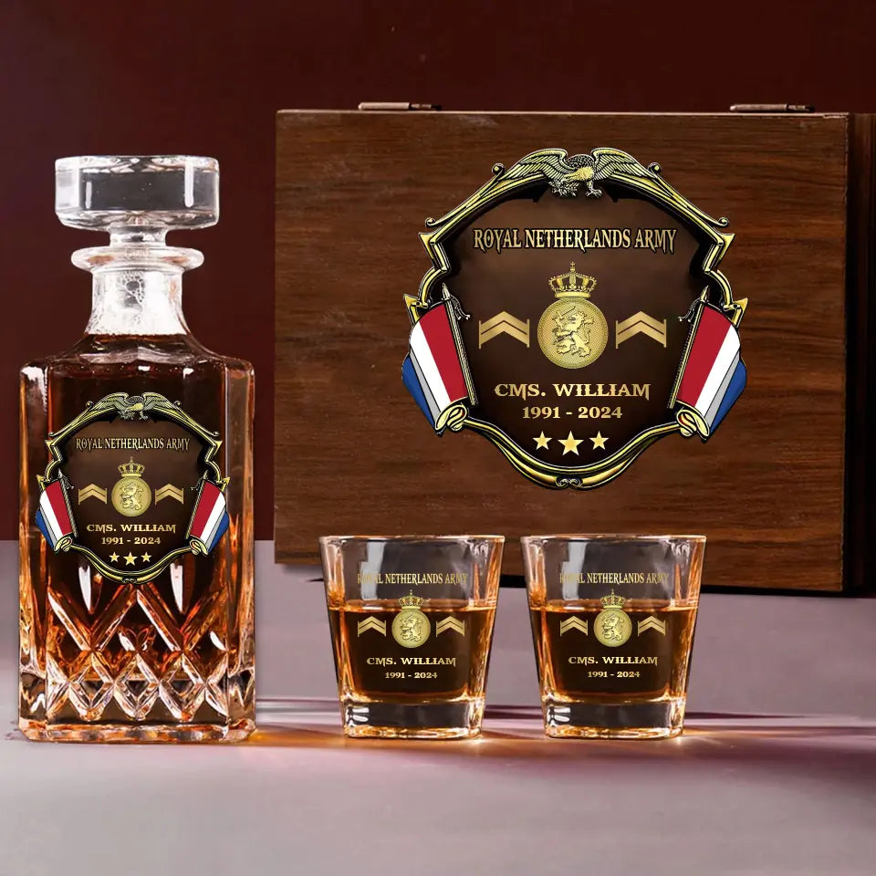 Personalized Netherlands Army Logo Rank Gold Custom Name & Time Decanter Set With Glasses Printed AHVA241480