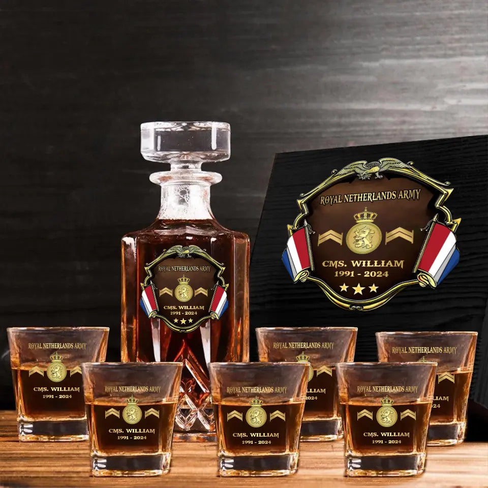 Personalized Netherlands Army Logo Rank Gold Custom Name & Time Decanter Set With Glasses Printed AHVA241480