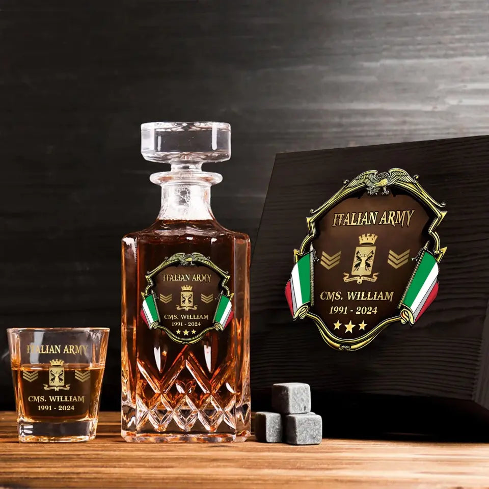 Personalized Italian Veteran Army Logo Rank Gold Custom Name & Time Decanter Set With Glasses Printed AHVA241480