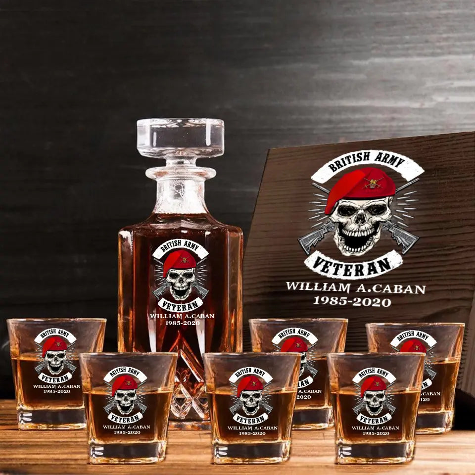 Personalized UK Veteran Skull Logo Custom Name & Time Decanter Set With Glasses Printed AHVA241491