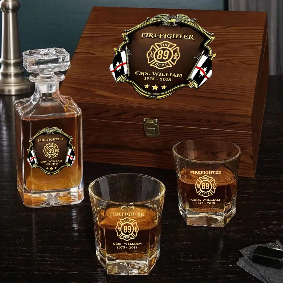 Personalized Canadian Firefighter Logo Custom Name & Time Decanter Set With Glasses Printed AHVA251558